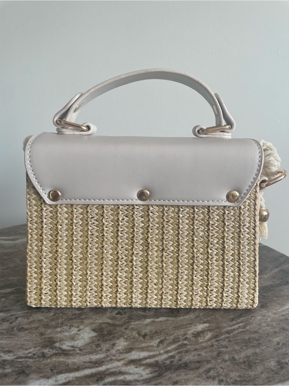 Neutral Straw Top-Handle Satchel with Pale Pink Flap - Picture 3 of 7